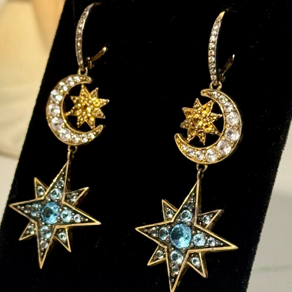 18k Gold Multi-Gemstone Celestial Star and Moon Earrings - Picture 5 of 8